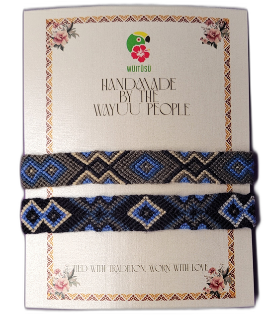 Handmade Wayuu friendship bracelets with blue, grey, and black boho and bohemian tribal patterns, fair-trade artisan crafts
