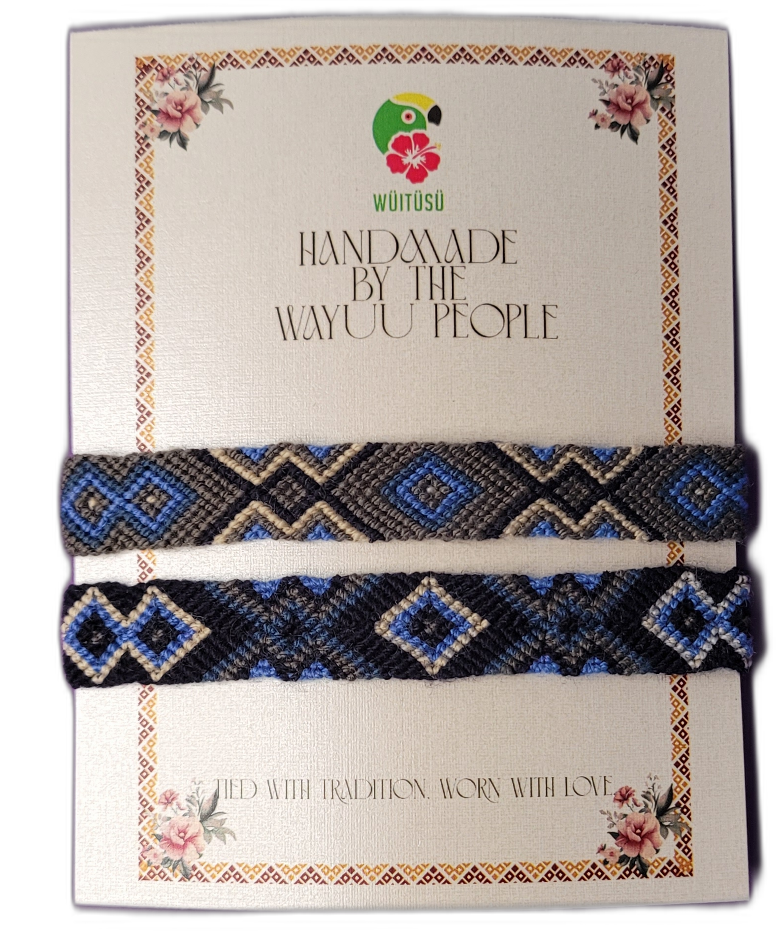 1 Handmade Wayuu friendship bracelets with blue, grey, and black boho and bohemian tribal patterns, fair-trade artisan crafts
