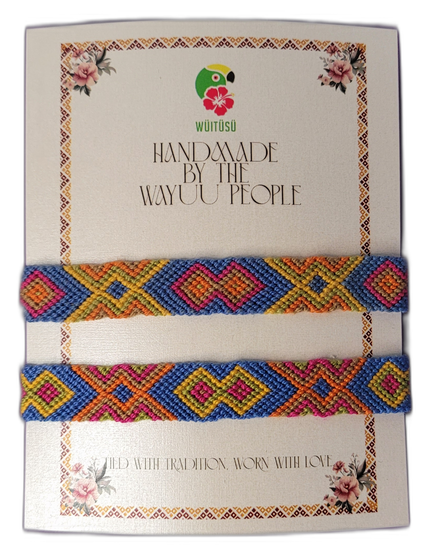 Handmade Wayuu friendship bracelets in blue, yellow, orange, and pink with tribal geometric patterns


