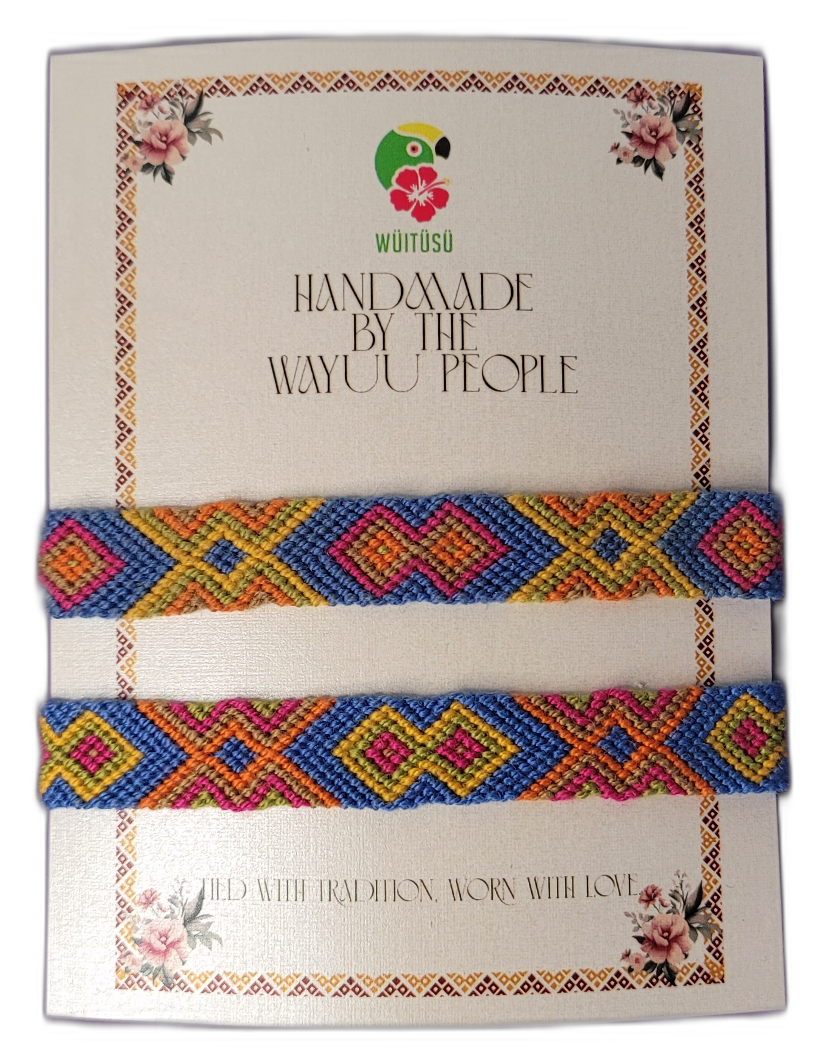 1 Handmade Wayuu friendship bracelets in blue, yellow, orange, and pink with tribal geometric patterns

