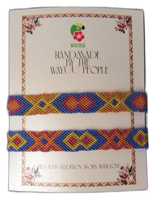 Handmade Wayuu friendship bracelets in blue, yellow, orange, and pink with tribal geometric patterns

