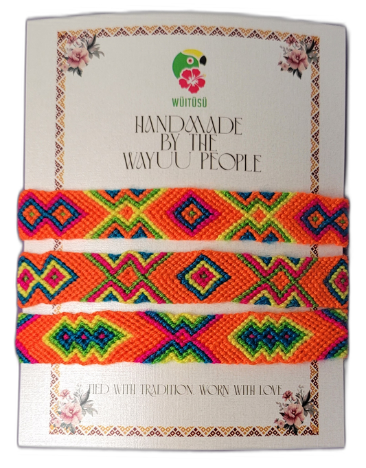 Handmade Wayuu friendship bracelets with bright multicolor boho and bohemian tribal patterns, fair-trade artisan crafts