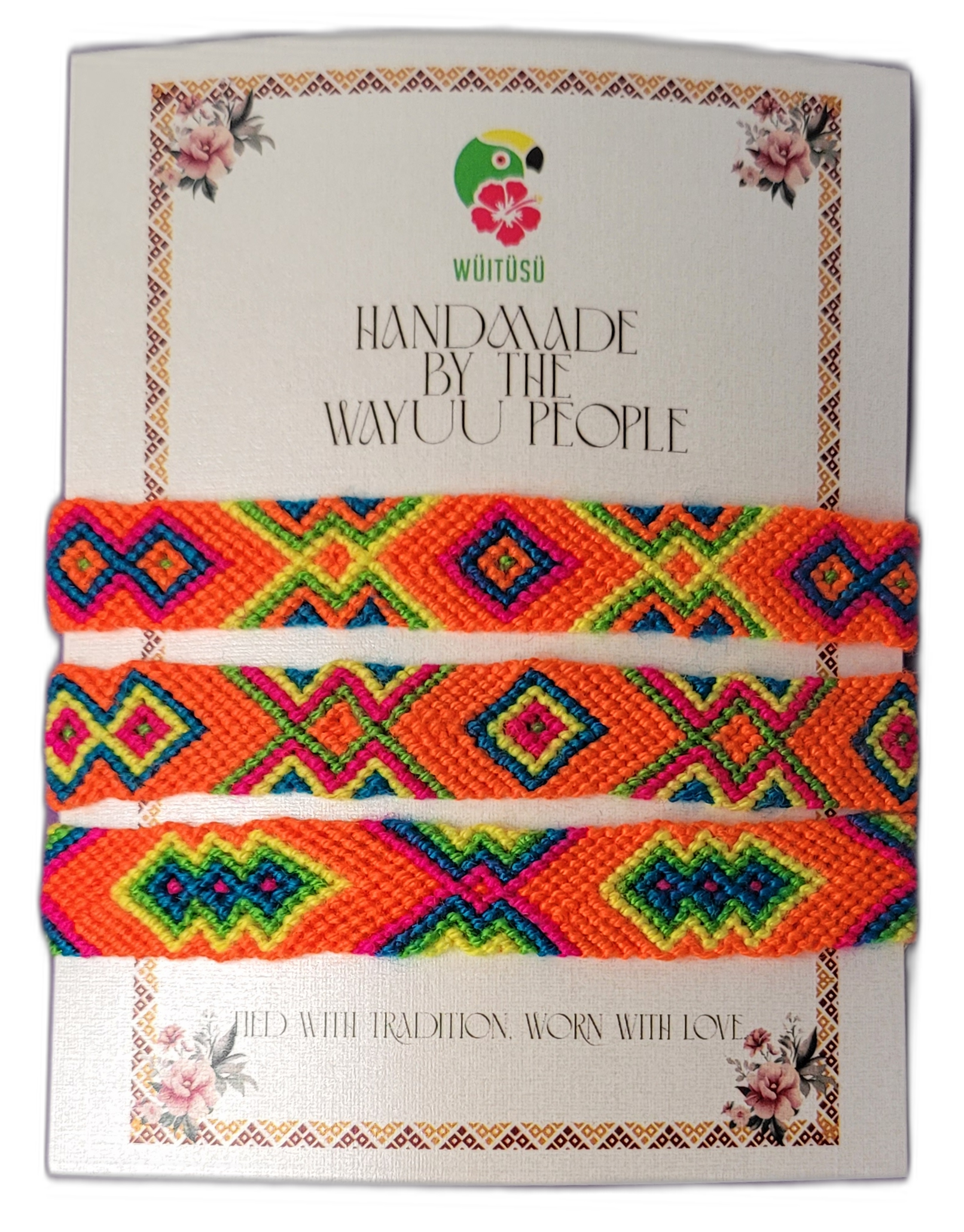 1 Handmade Wayuu friendship bracelets with bright multicolor boho and bohemian tribal patterns, fair-trade artisan crafts