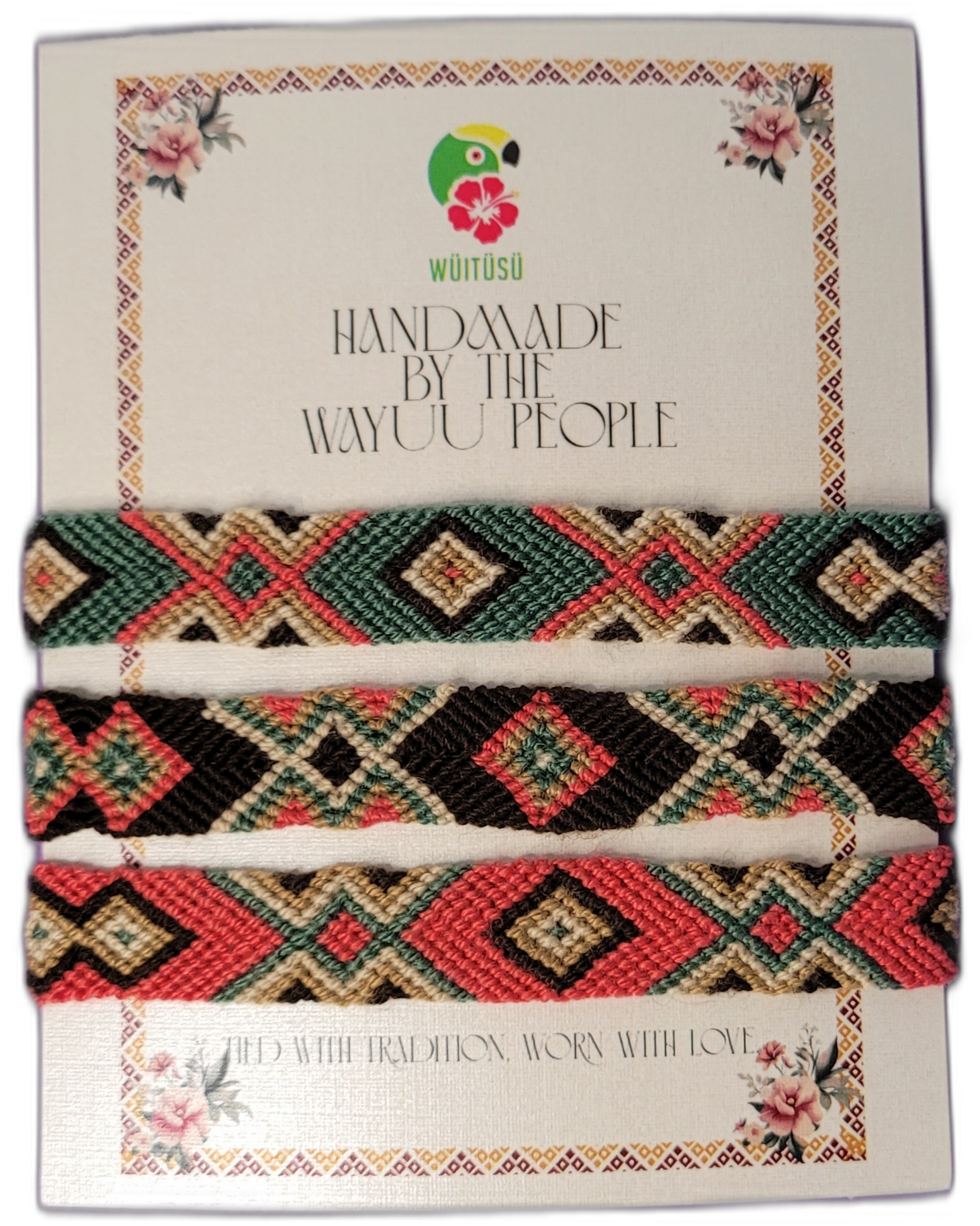 1 Handmade Wayuu friendship bracelets in coral, green, black, and cream with tribal geometric designs