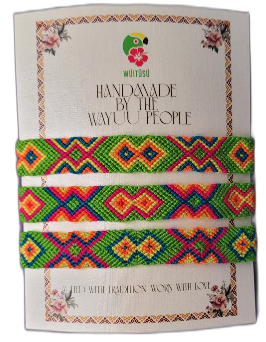 Handmade Wayuu friendship bracelets with tribal designs, crafted for bohemian style.
