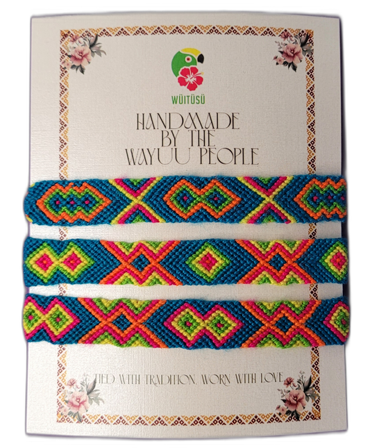 Handmade Wayuu friendship bracelets with multicolor and blue tribal patterns, artisan fair-trade jewelry