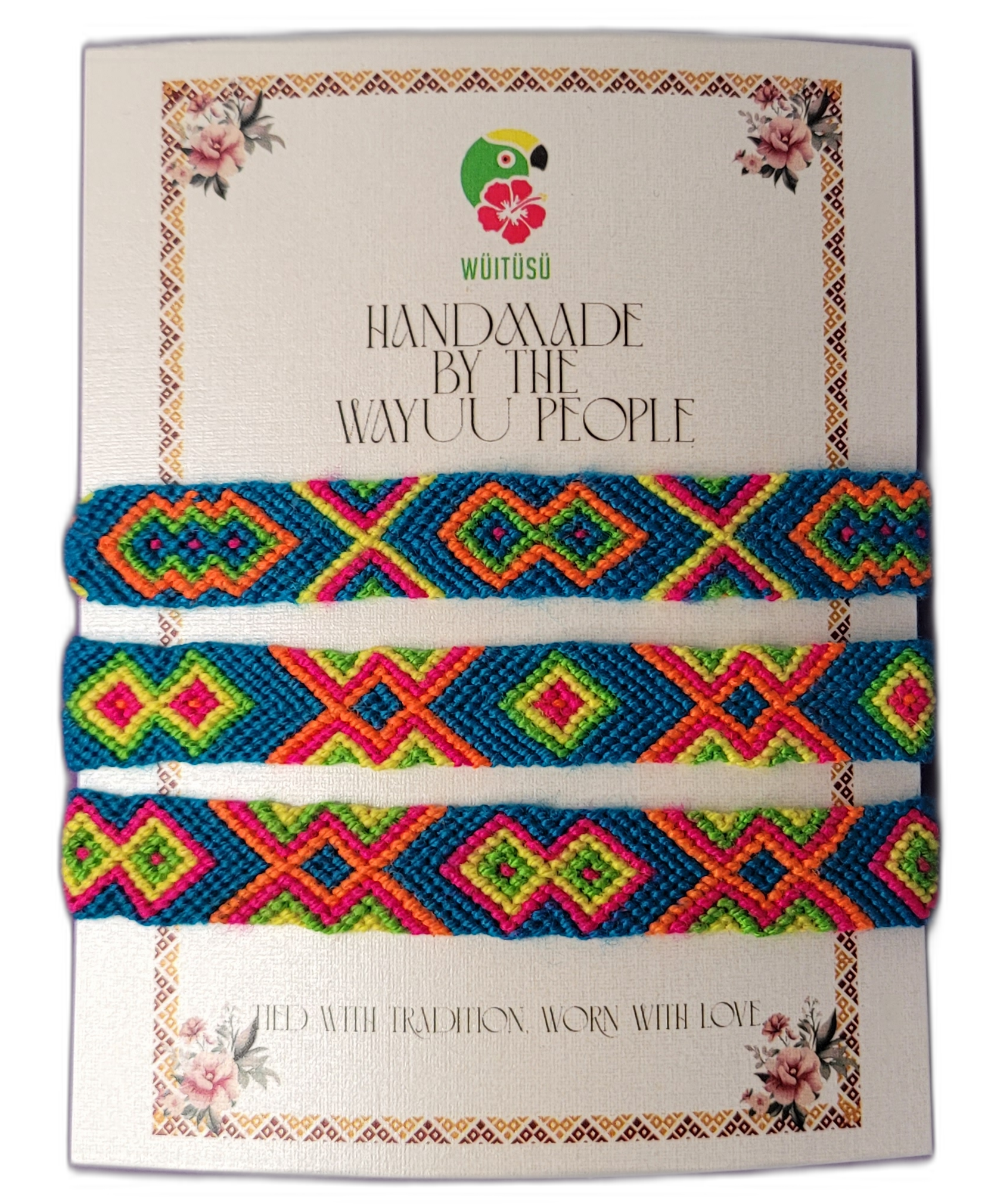 1 Handmade Wayuu friendship bracelets with multicolor and blue tribal patterns, artisan fair-trade jewelry