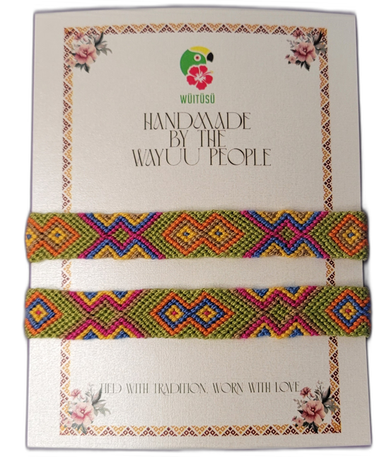 Handmade Wayuu friendship bracelets with multicolor and green tribal patterns, artisan fair-trade jewelry