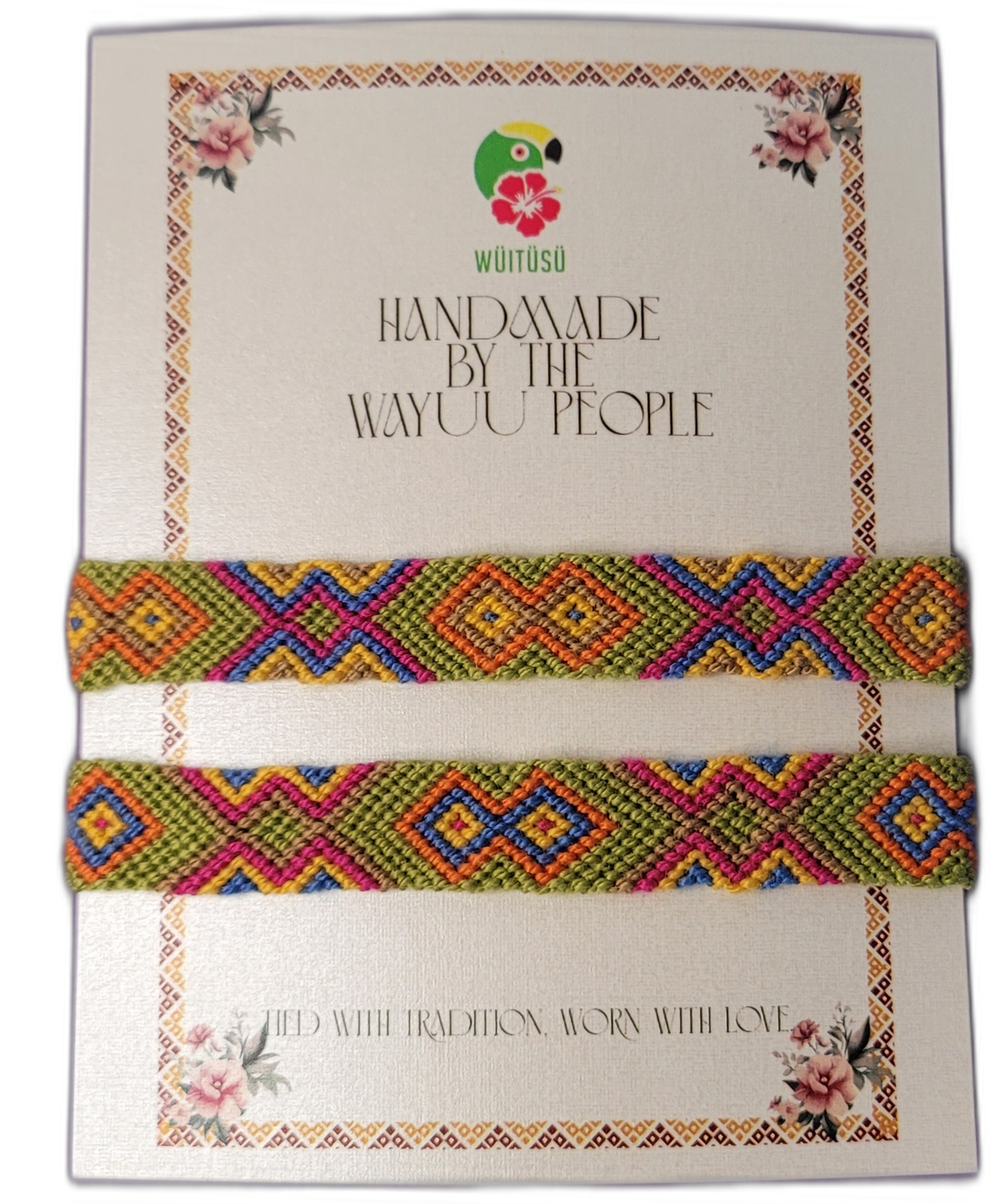 1 Handmade Wayuu friendship bracelets with multicolor and green tribal patterns, artisan fair-trade jewelry