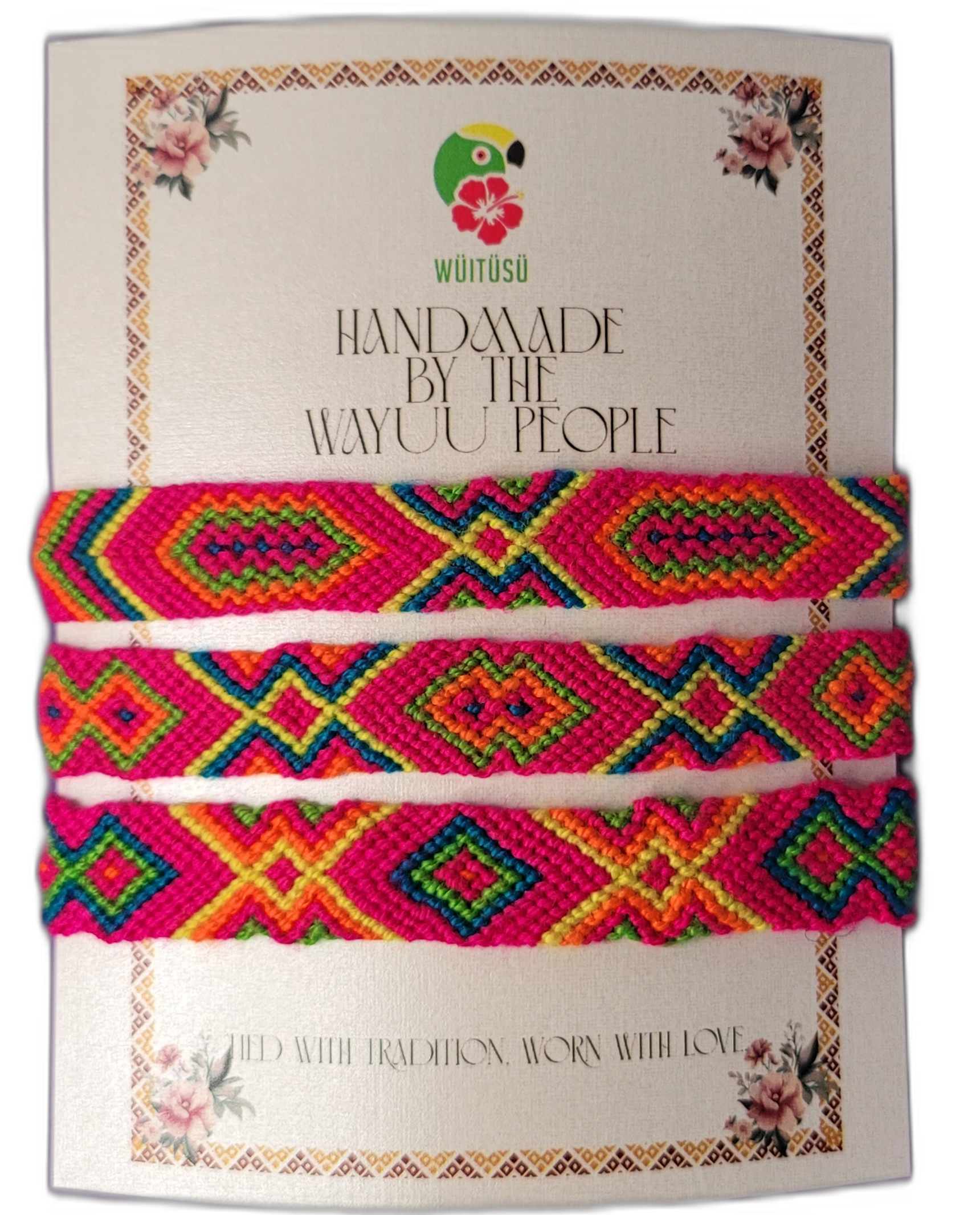 1 Handmade Wayuu friendship bracelets with multicolor tribal patterns, artisan-crafted and fair-trade