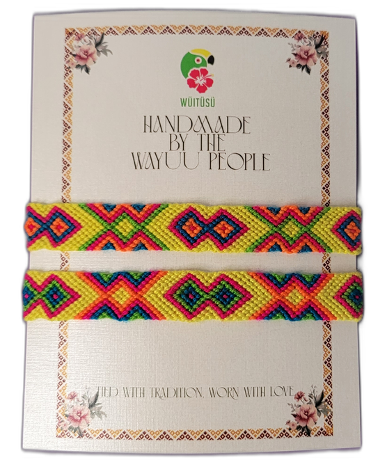 Handmade Wayuu friendship bracelets with bright multicolor tribal patterns, fair-trade artisan jewelry