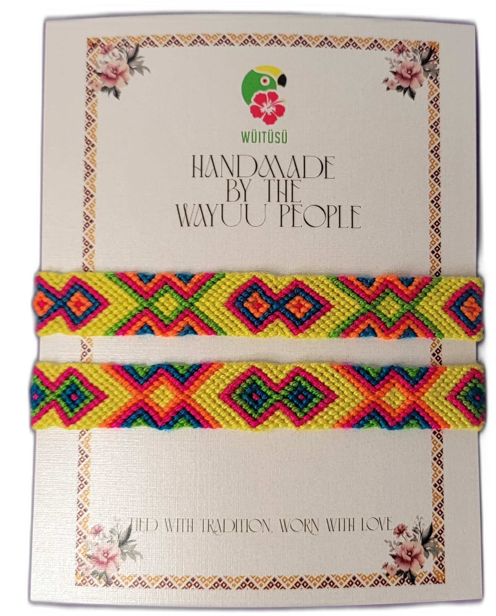 1 Handmade Wayuu friendship bracelets with bright multicolor tribal patterns, fair-trade artisan jewelry