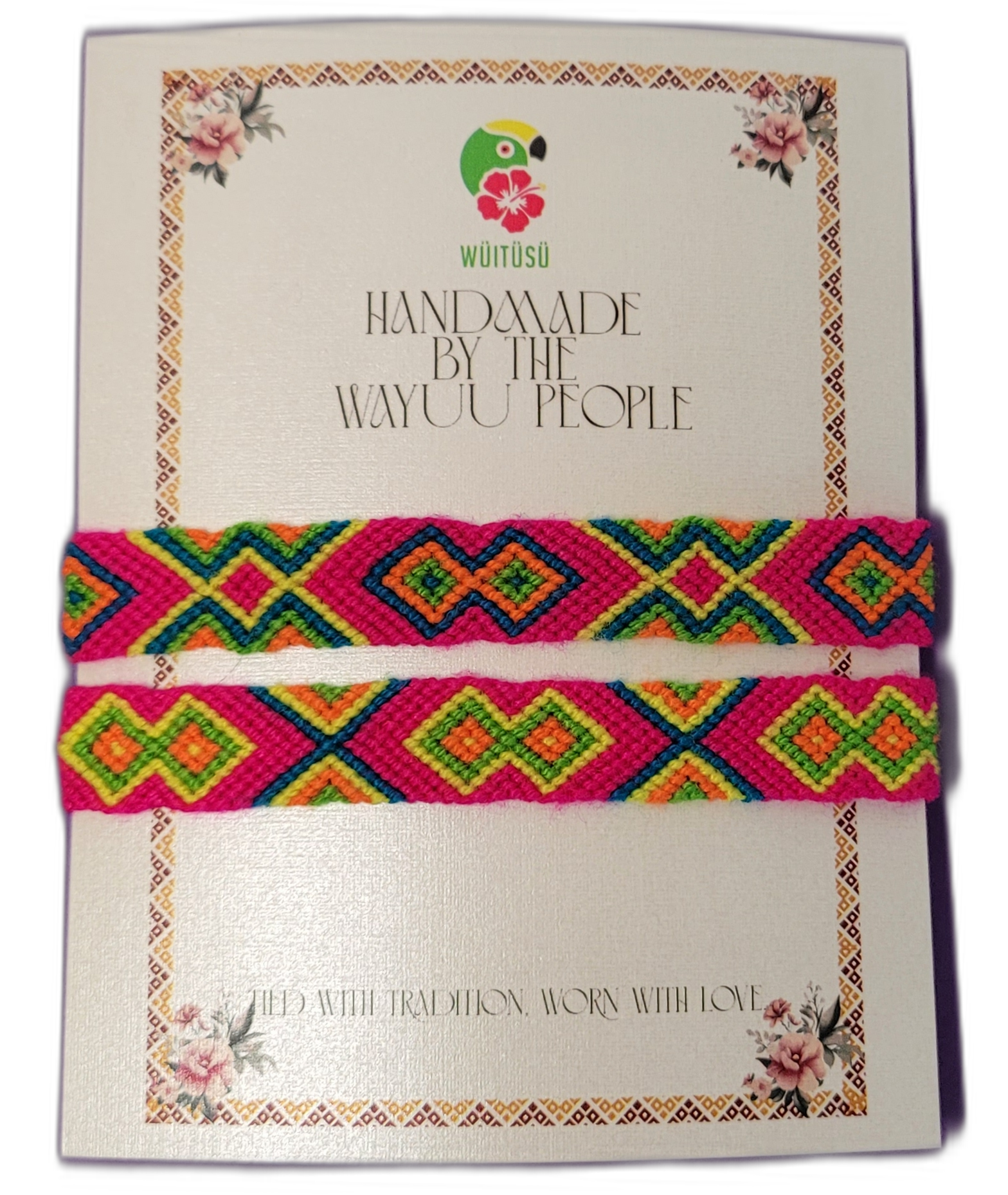 1 Handmade Wayuu friendship bracelets in neon pink, green, orange, and blue with tribal designs