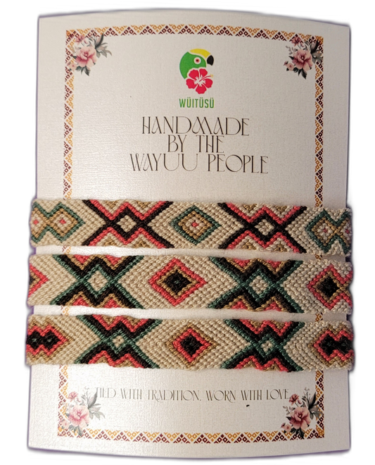 Handmade Wayuu friendship bracelets with neutral earthy tribal patterns, artisan fair-trade