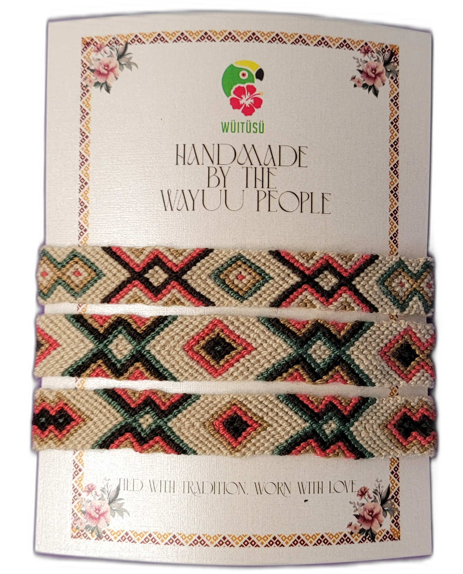1 Handmade Wayuu friendship bracelets with neutral earthy tribal patterns, artisan fair-trade