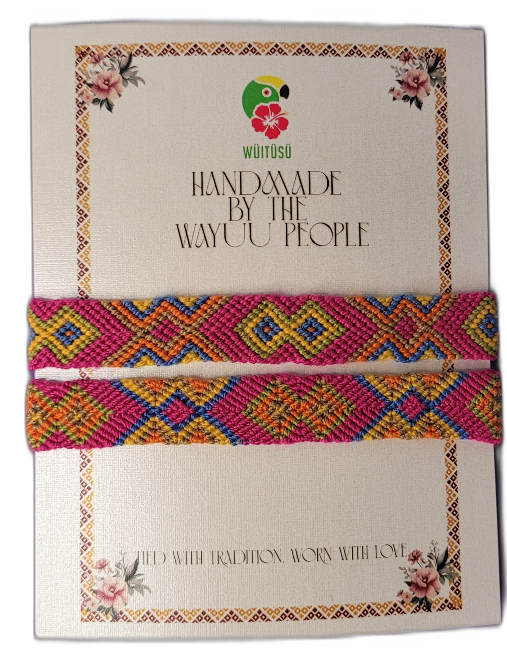 1 Handmade Wayuu friendship bracelets in pink, yellow, orange, and blue with vibrant tribal patterns

