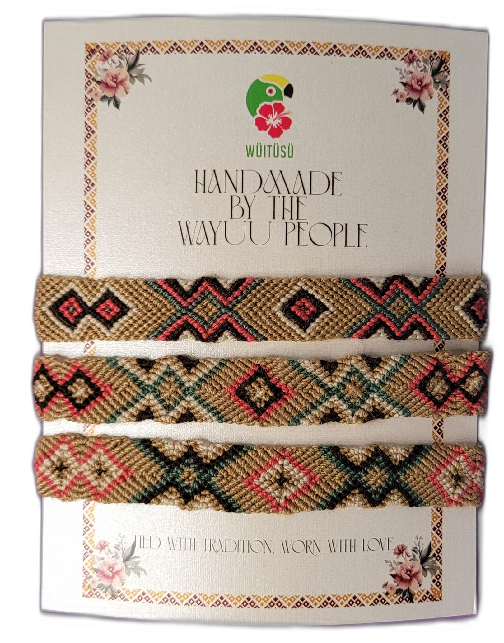 1 Handmade Wayuu friendship bracelets in tan, coral, black, and green with tribal geometric patterns

