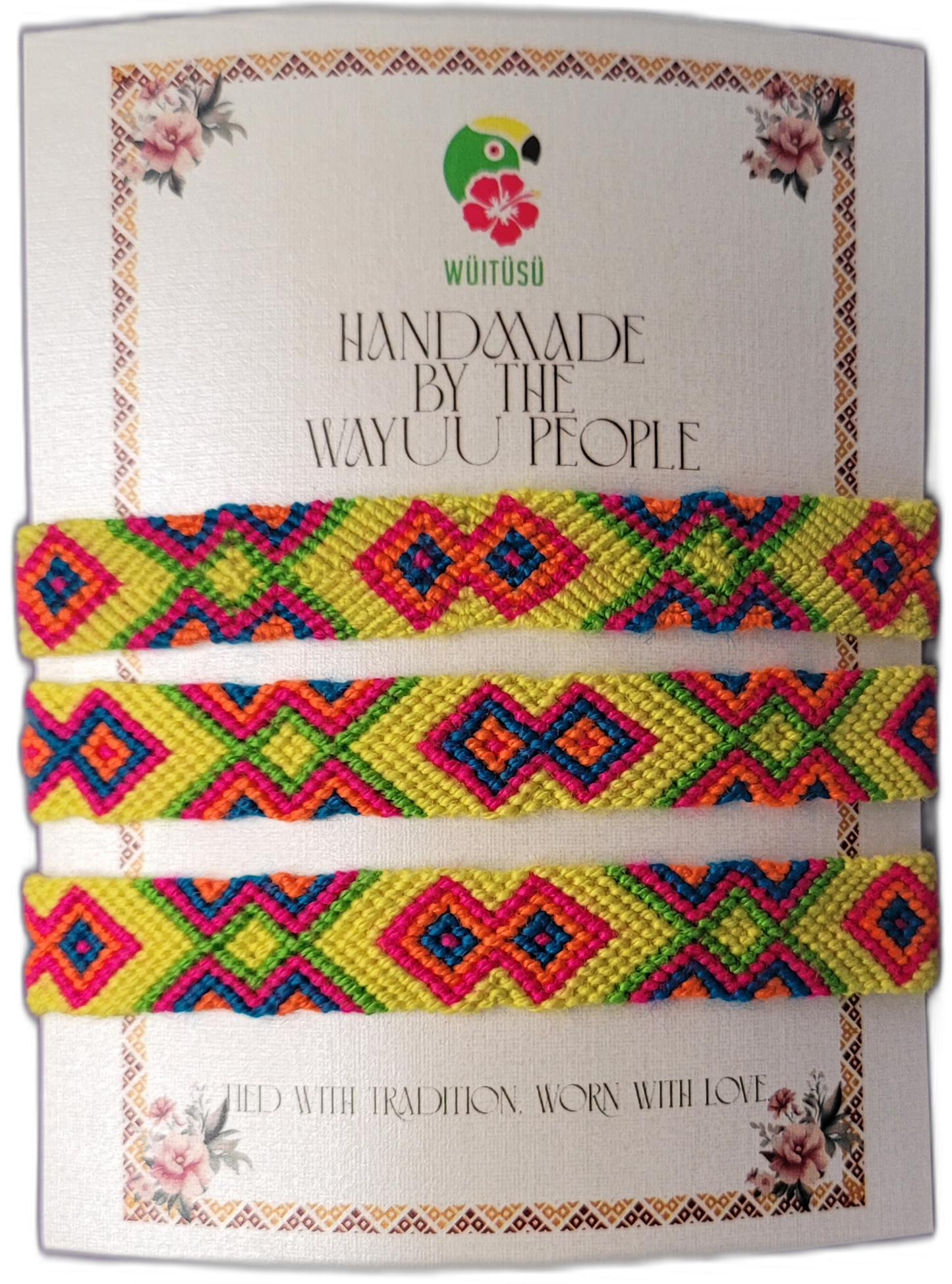 Handmade Wayuu friendship bracelets with bright tribal patterns and cultural meaning.