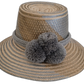 Handmade Wayuu straw hat with soft gray accents and matching gray pompoms.


