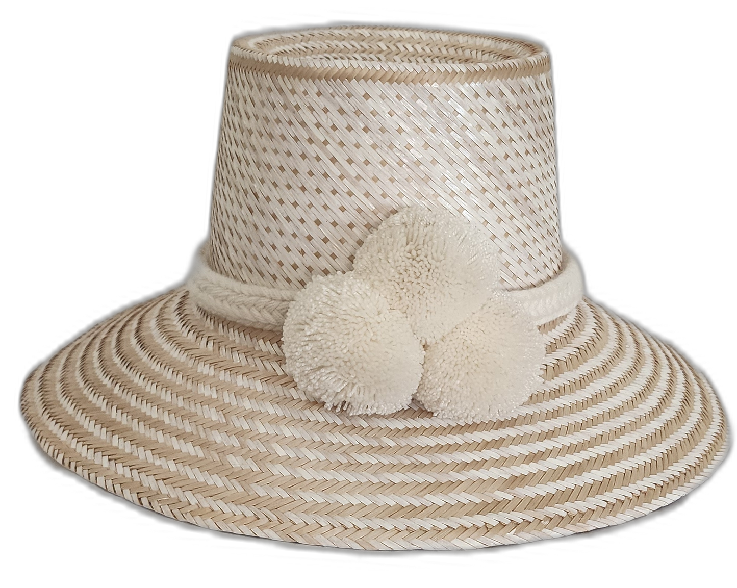 Handmade Wayuu straw hat in all-cream with matching pompoms