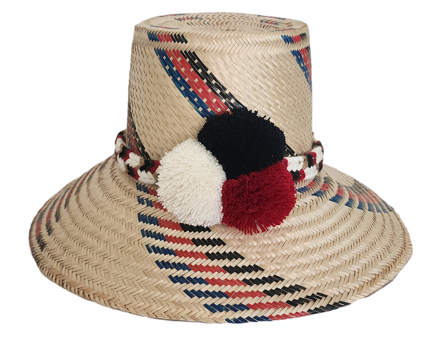 Handmade Wayuu straw hat with red, black, and blue diagonal patterns