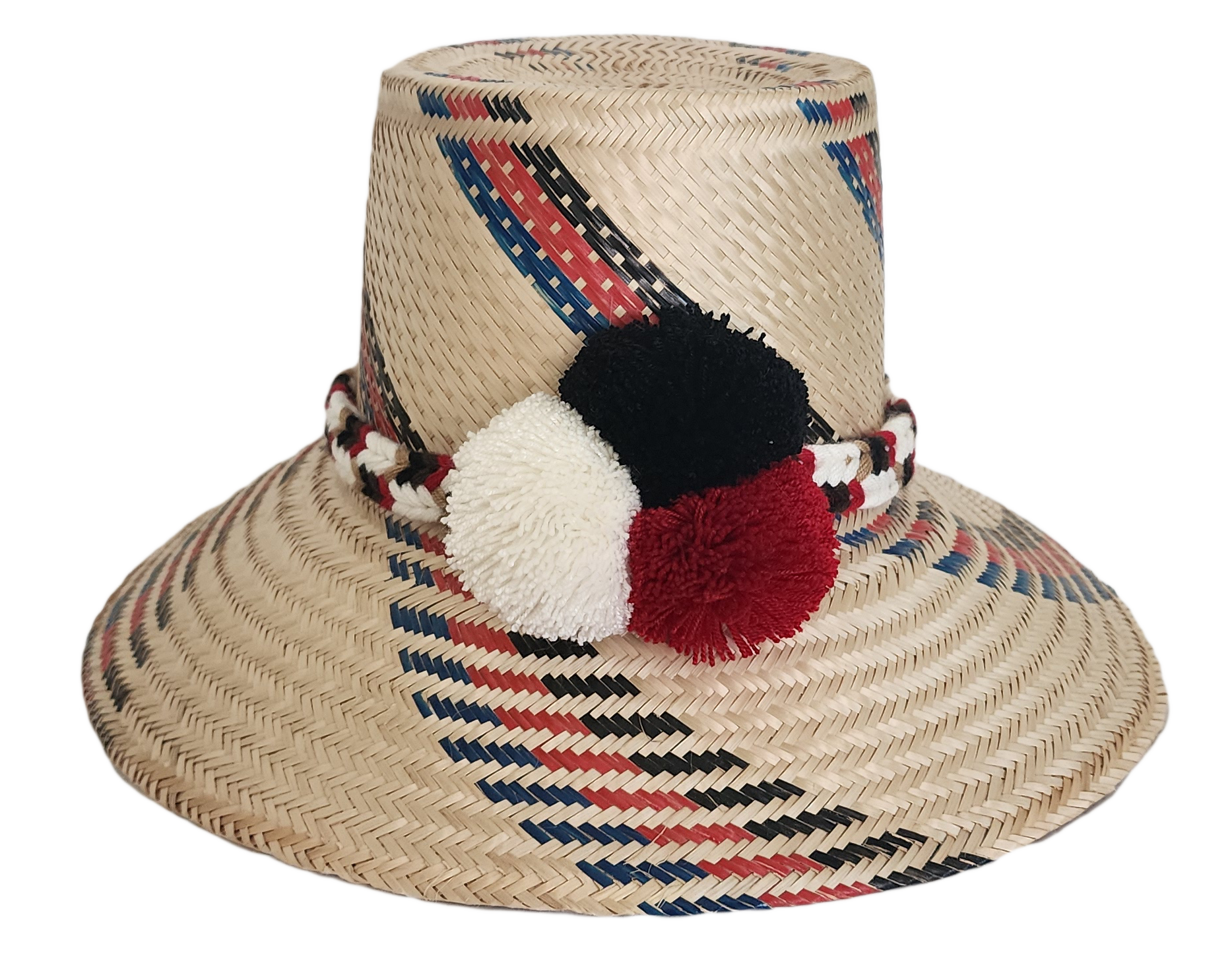 Handmade Wayuu straw hat with red, black, and blue diagonal patterns