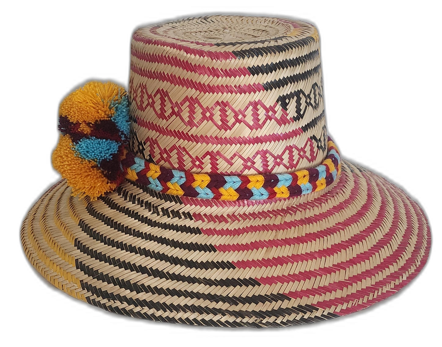 Boho chick straw hat with bold yellow weave and bright accents