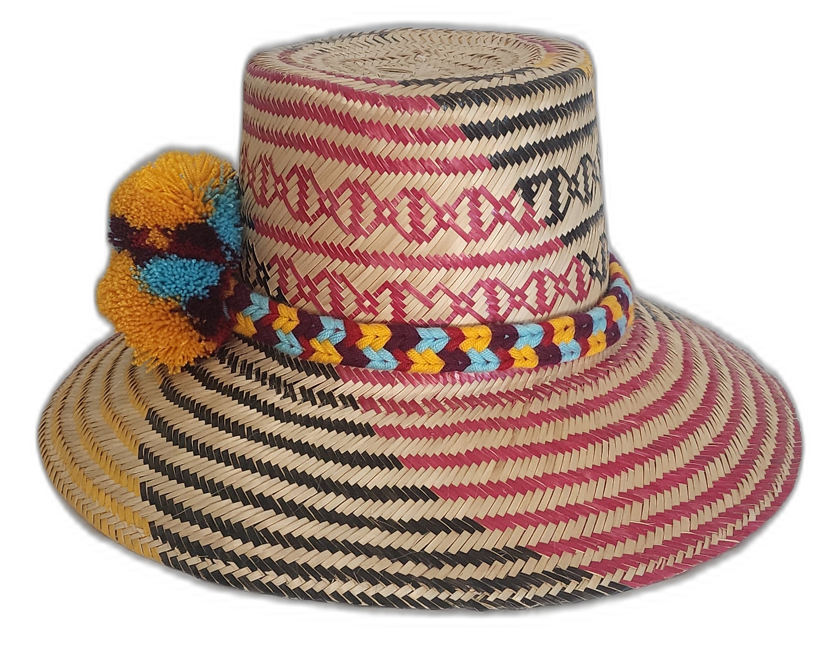 Boho chick straw hat with bold yellow weave and bright accents