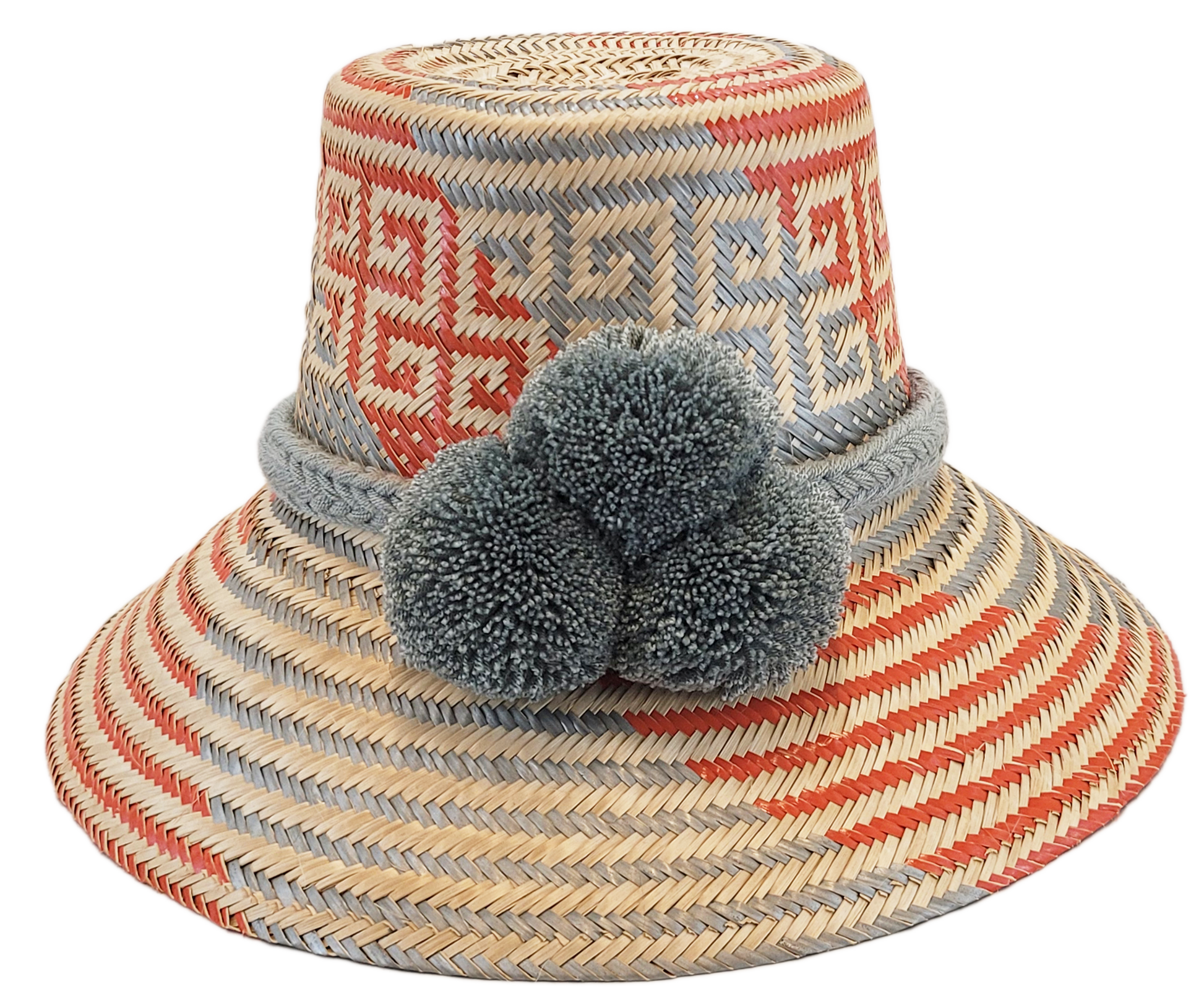 "Handmade Wayuu hat crafted from Iraca palm fibers, adorned with culturally significant pompoms, showcasing unique Wayuu craf