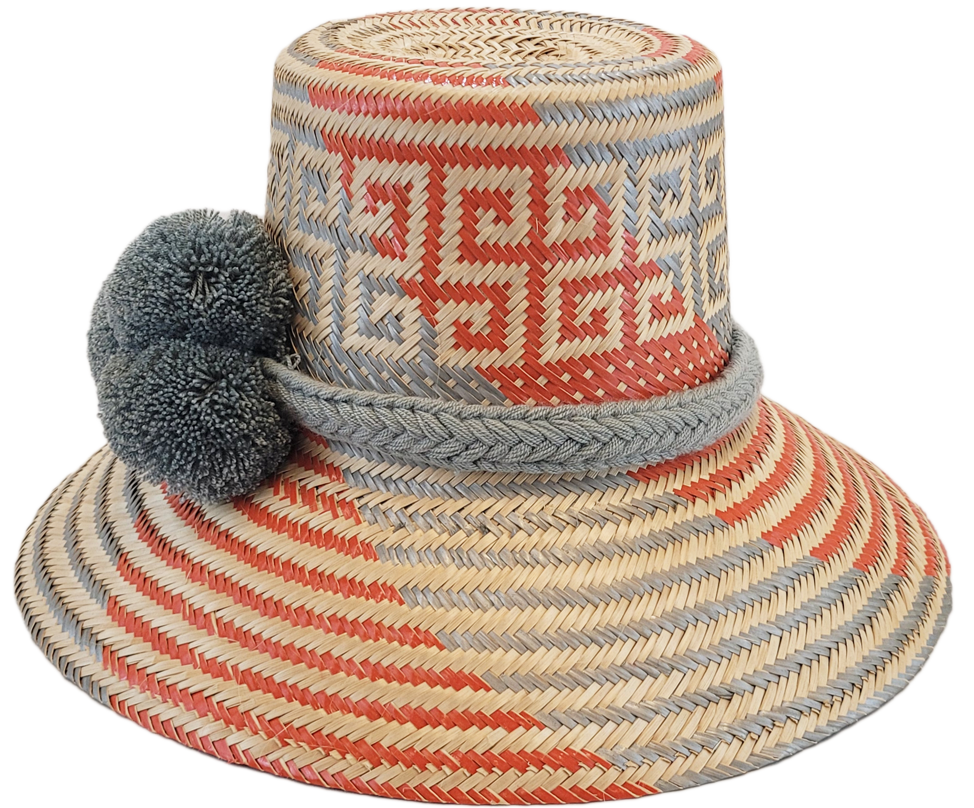 "Handmade Wayuu hat crafted from Iraca palm fibers, adorned with culturally significant pompoms, showcasing unique Wayuu craf
