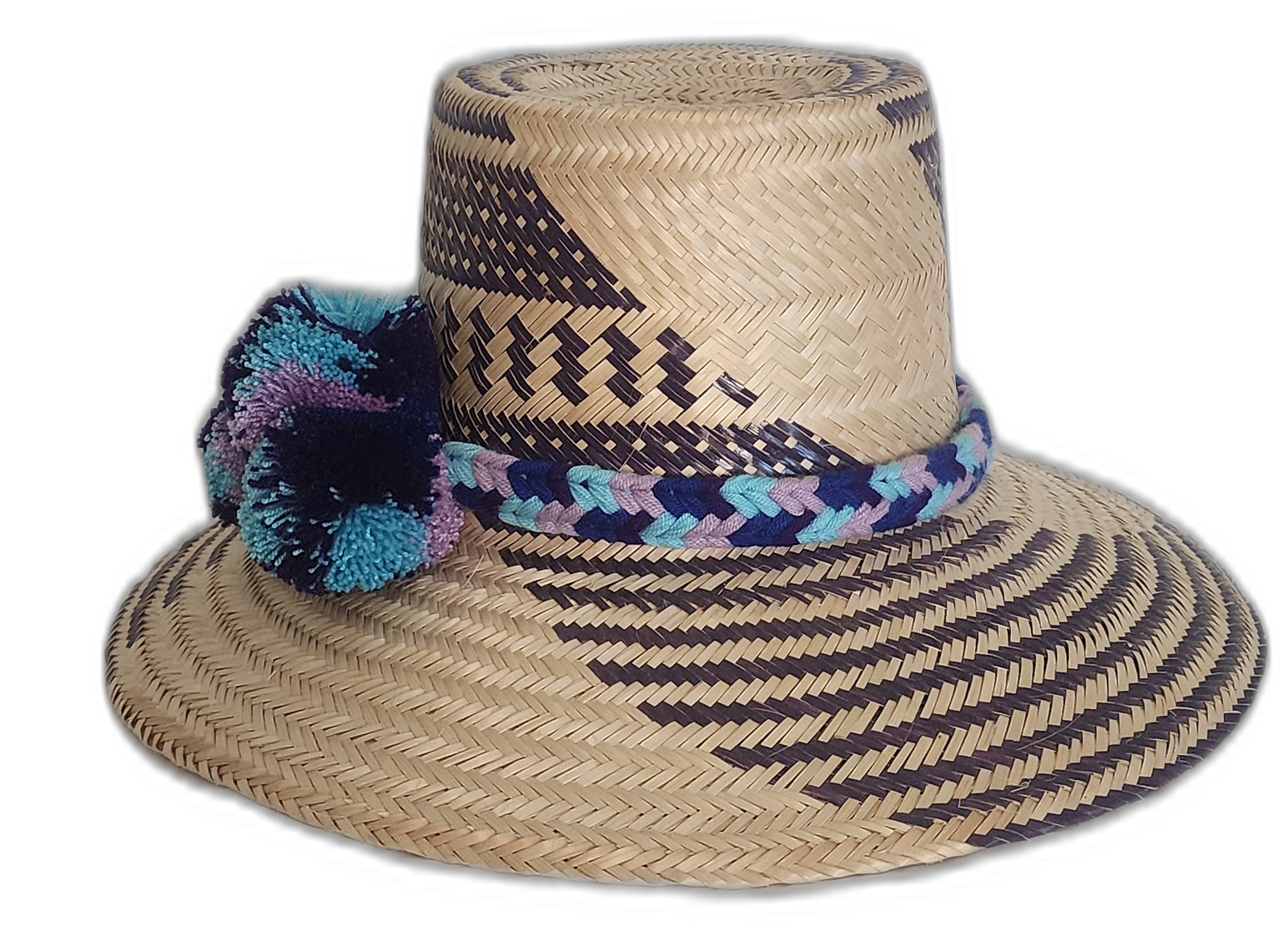 Side view of a boho chick straw hat in dark purple and natural tones