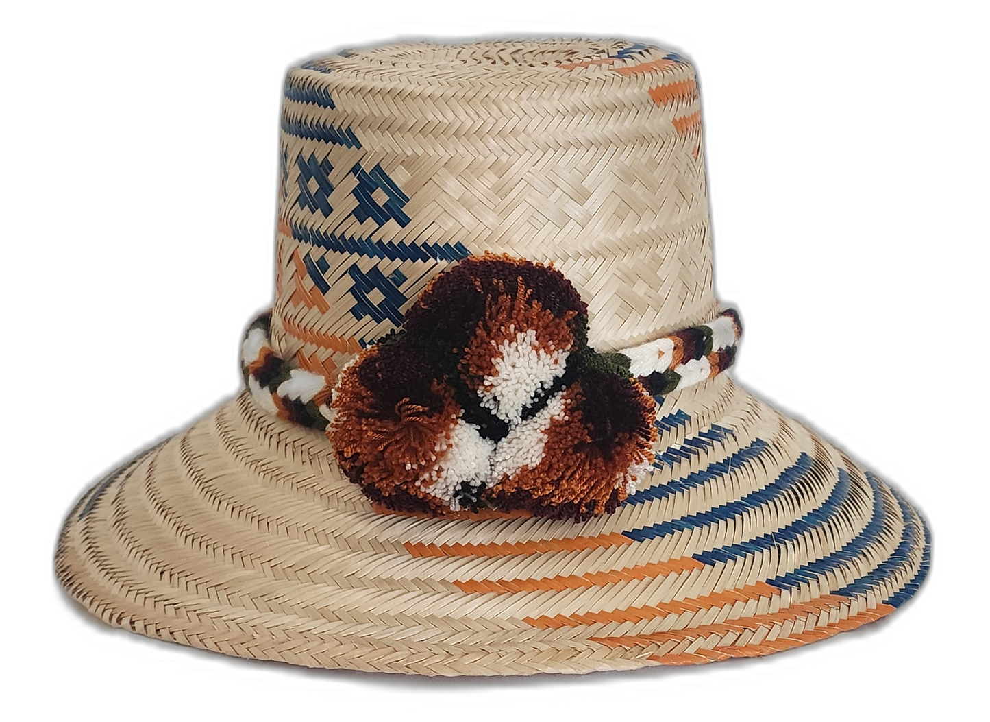 Handmade Wayuu straw hat with burnt orange and navy tribal design