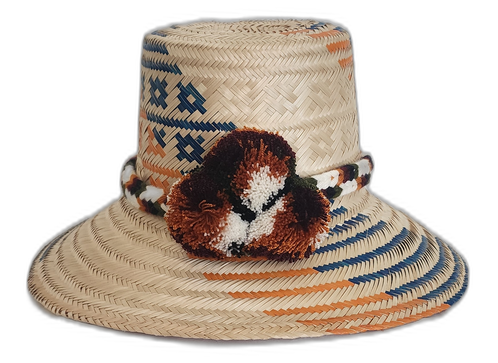 Handmade Wayuu straw hat with burnt orange and navy tribal design