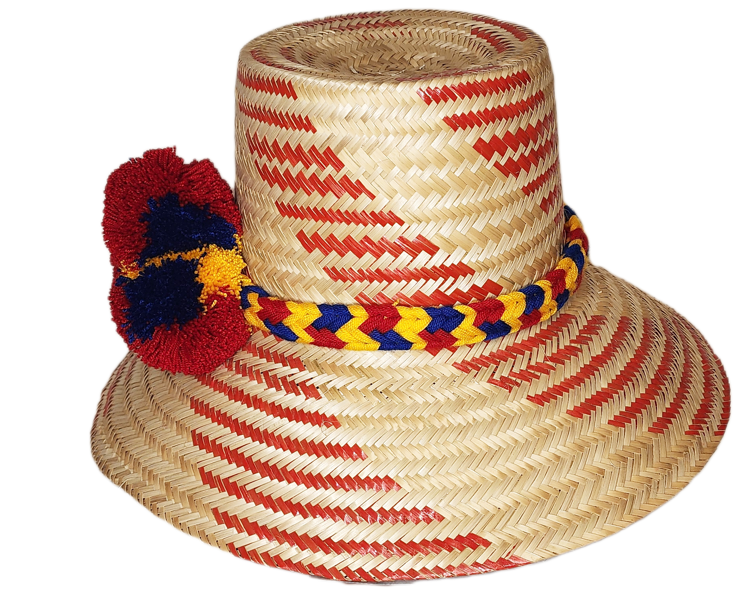 "Handmade Wayuu hat from Iraca palm fibers, adorned with culturally significant pompoms, adjustable size for various styles."