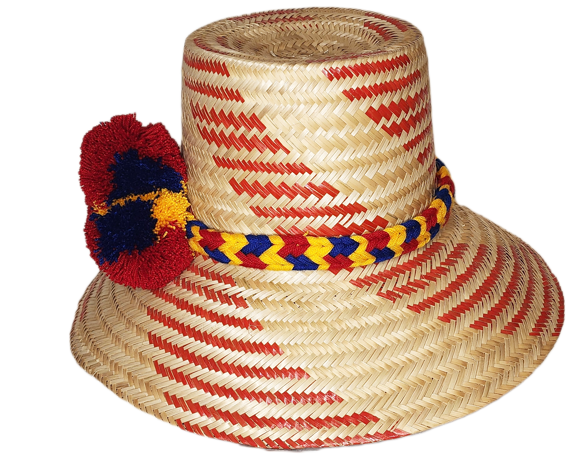 "Handmade Wayuu hat from Iraca palm fibers, adorned with culturally significant pompoms, adjustable size for various styles."