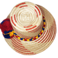"Handmade Wayuu hat from Iraca palm fibers, adorned with culturally significant pompoms, adjustable size for various styles."
