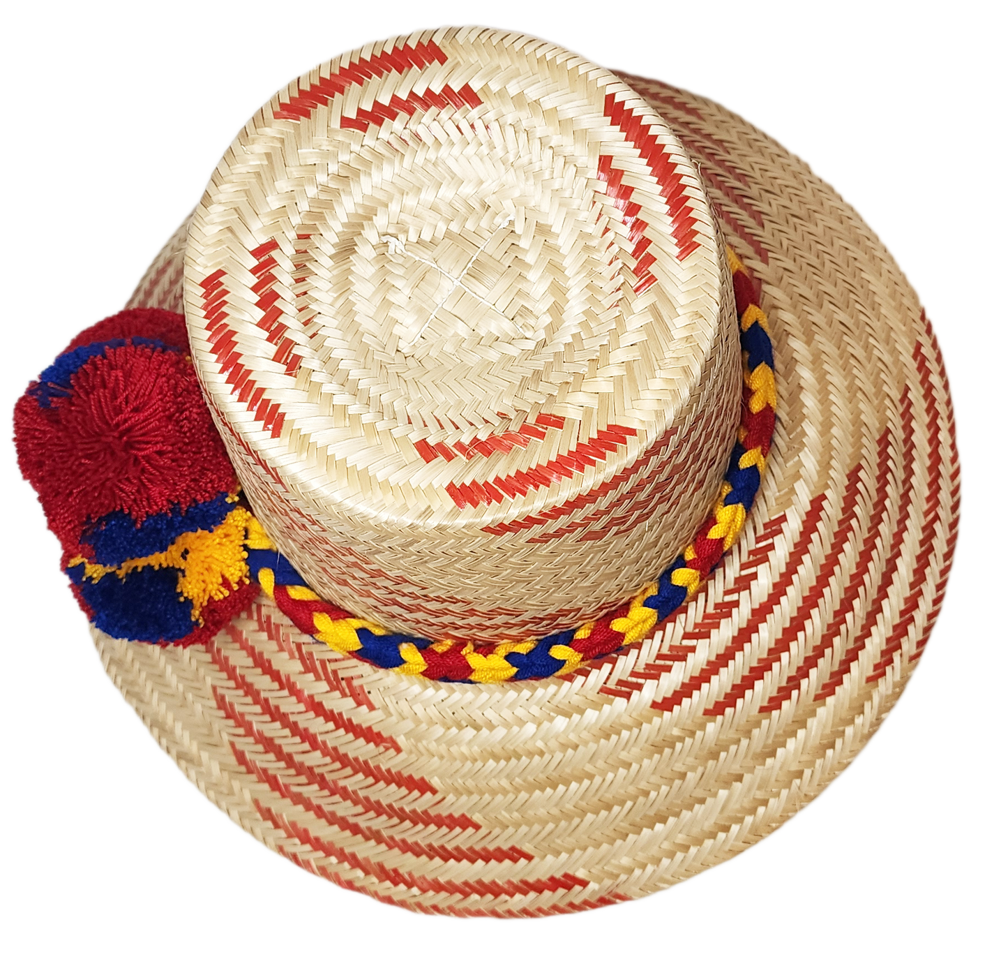 "Handmade Wayuu hat from Iraca palm fibers, adorned with culturally significant pompoms, adjustable size for various styles."