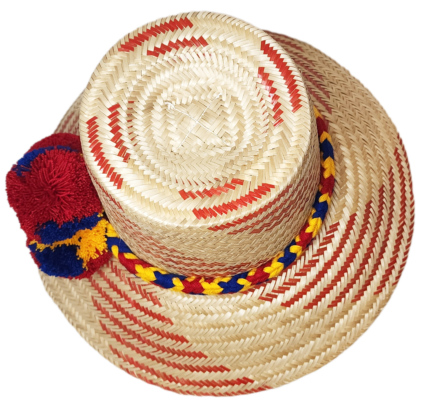 "Handmade Wayuu hat from Iraca palm fibers, adorned with culturally significant pompoms, adjustable size for various styles."