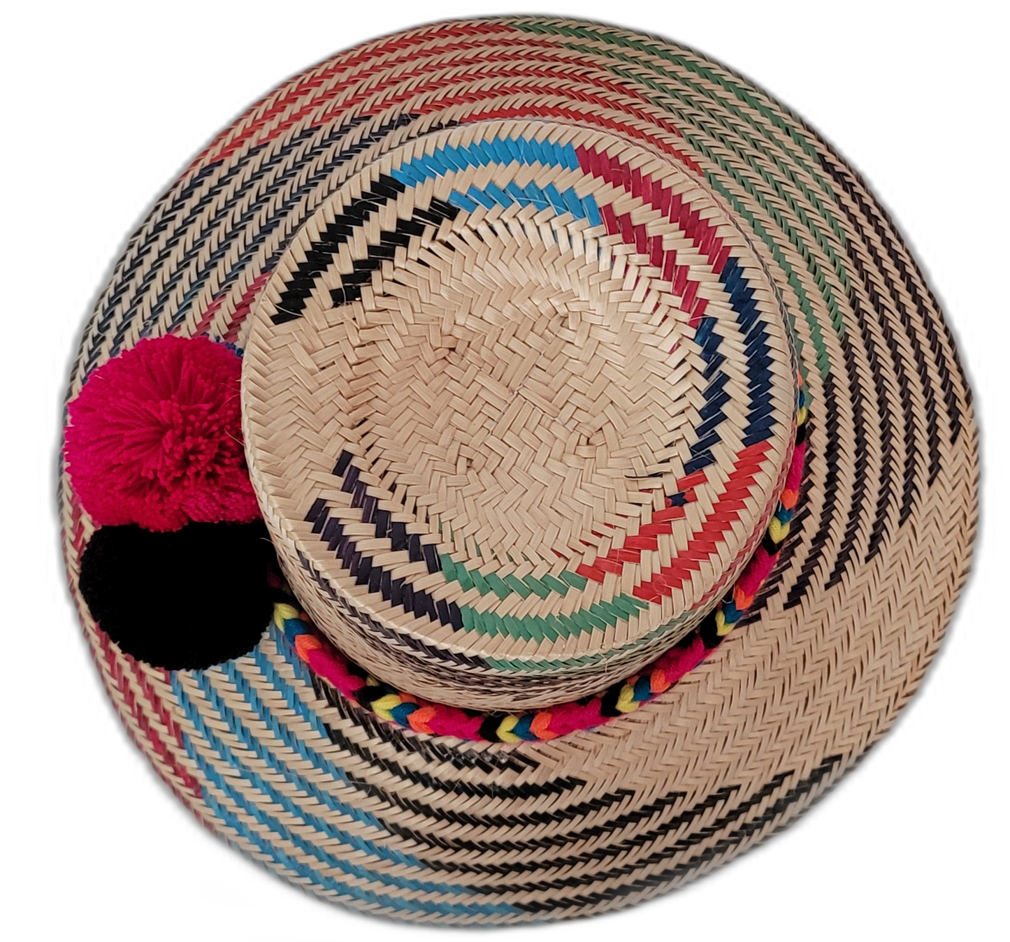 Handmade boho hat by Wuitusu with blue, red, and black colors and three pompom accents.

