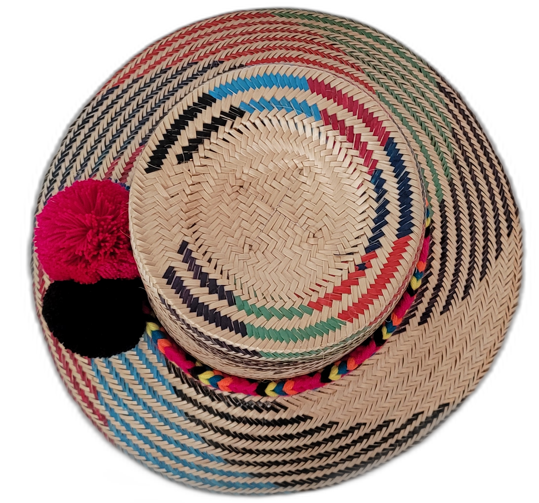Handmade boho hat by Wuitusu with blue, red, and black colors and three pompom accents.

