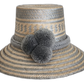 Handmade Wayuu straw hat with gray tribal patterns and gray pompoms