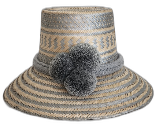 Handmade Wayuu straw hat with gray tribal patterns and gray pompoms
