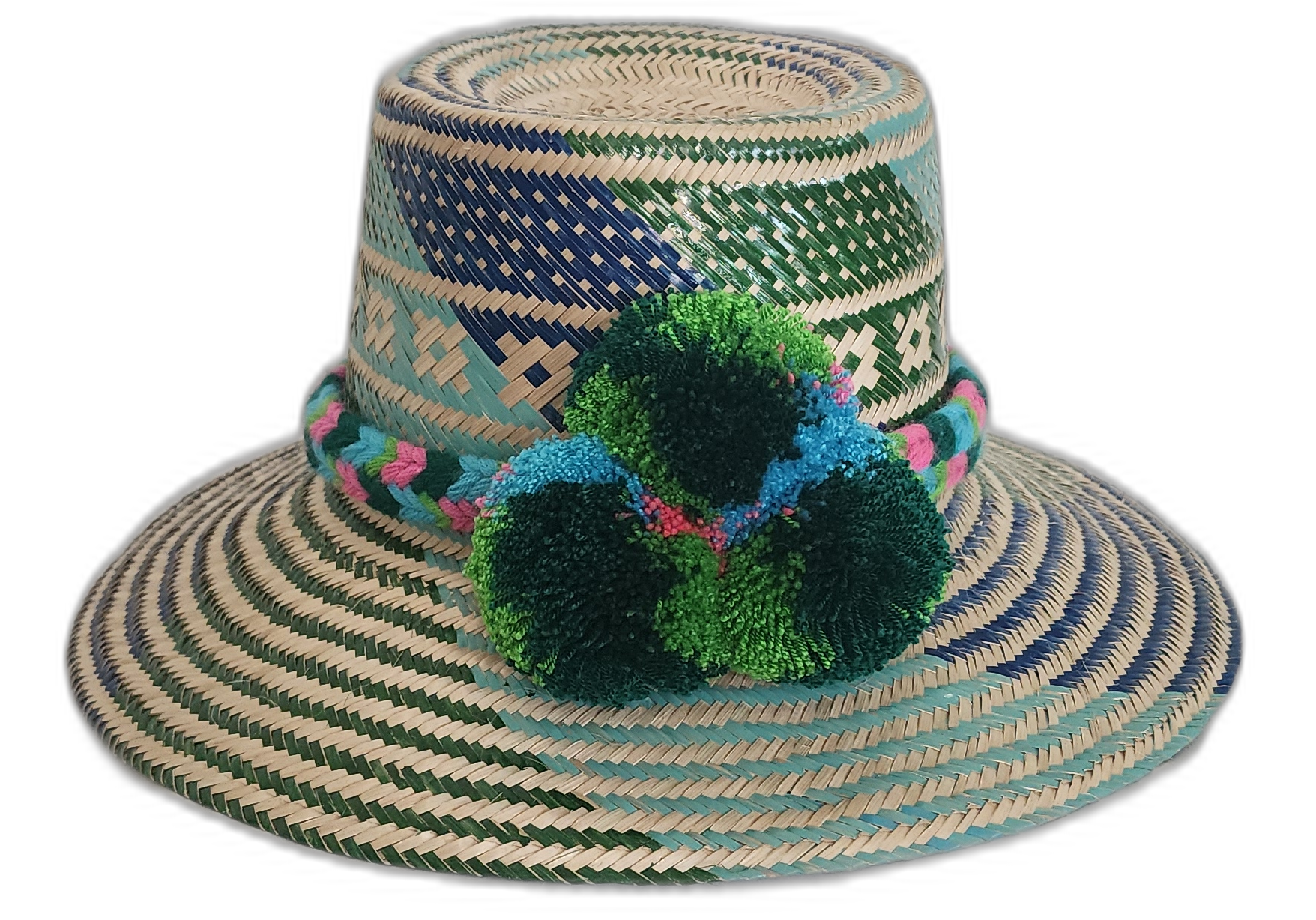 Handmade Wayuu straw hat with blue and green tribal patterns and pompoms