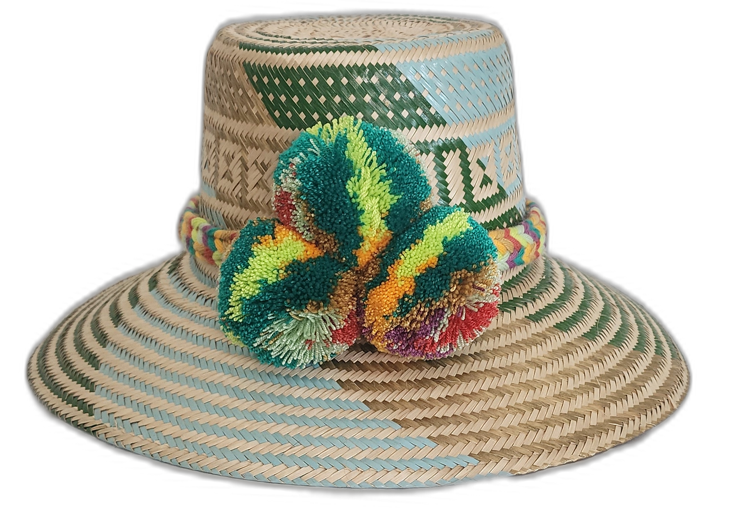 Handmade Wayuu straw hat with green and blue patterns and multicolor pompoms