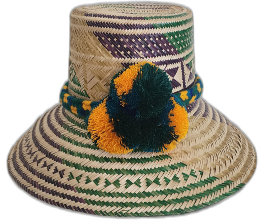 Handmade Wayuu straw hat with green and purple weave and yellow pompoms