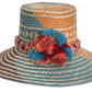 Handmade Wayuu straw hat with orange, aqua, and purple tribal weave