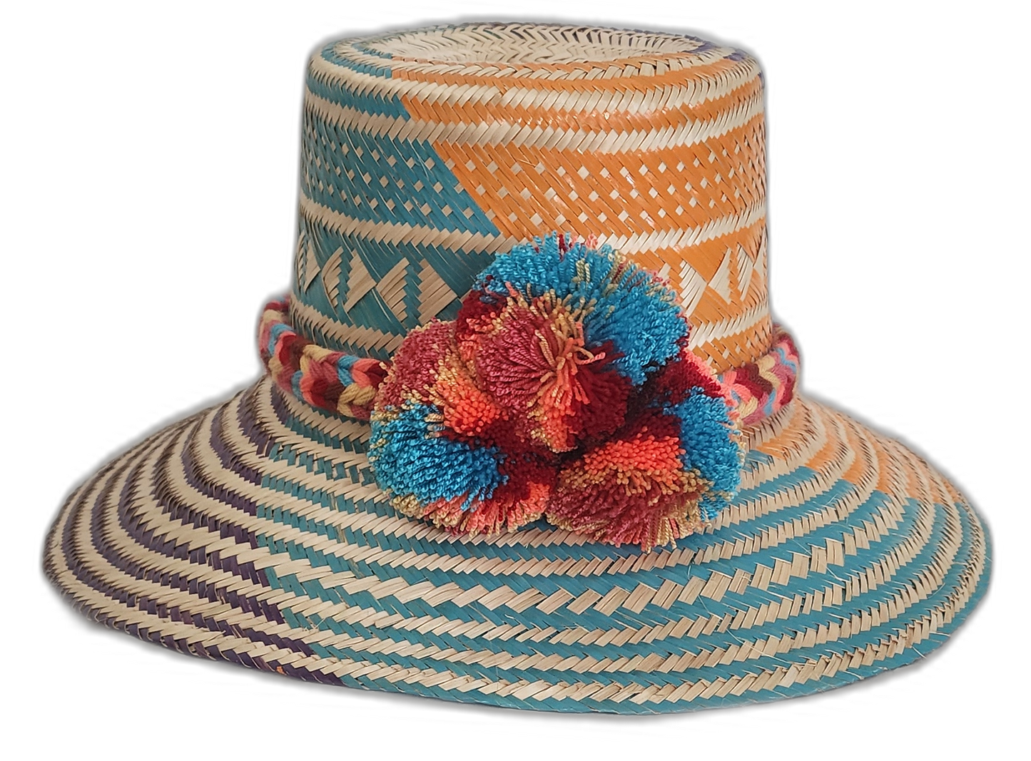 Handmade Wayuu straw hat with orange, aqua, and purple tribal weave