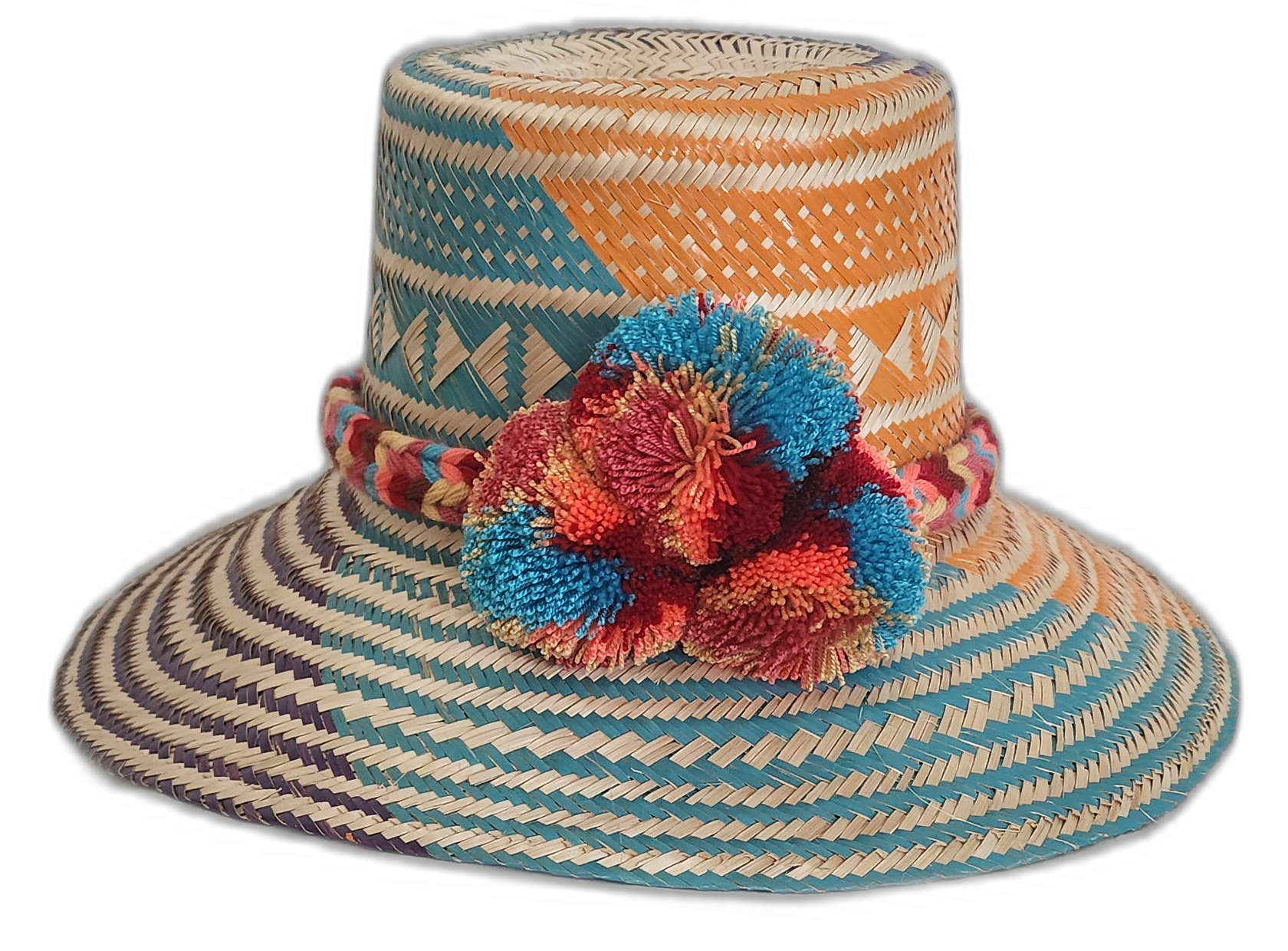 Handmade Wayuu straw hat with orange, aqua, and purple tribal weave