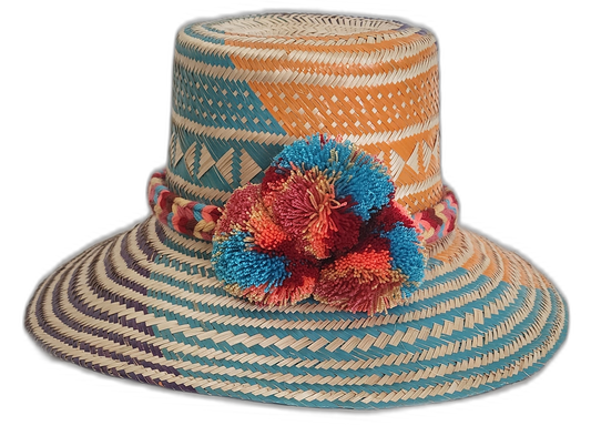 Handmade Wayuu straw hat with orange, aqua, and purple tribal weave