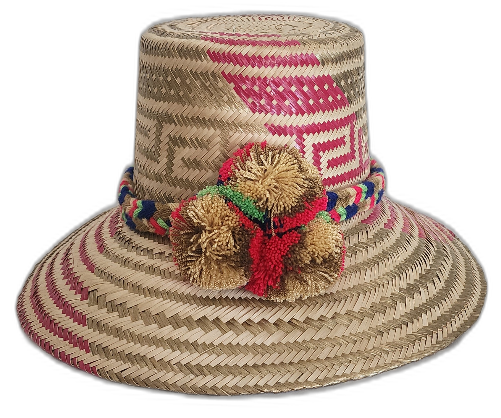 Handmade Wayuu straw hat with pink and olive patterns and multicolor pompoms
